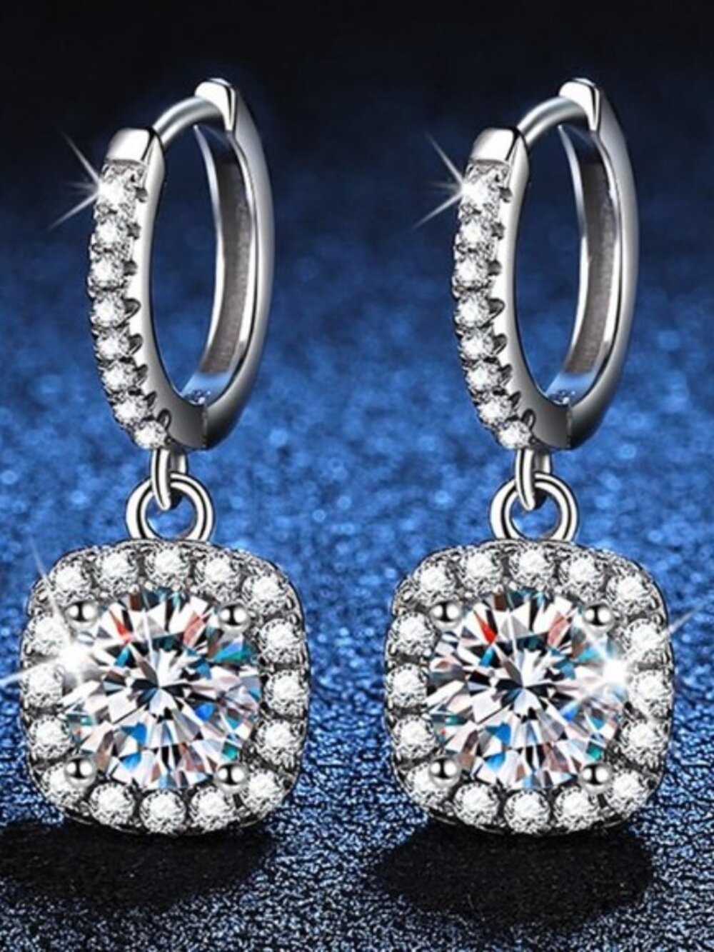 Certified 2ct. t.w. Moissanite Diamond Cushion Halo Drop Hoop Earrings NEW